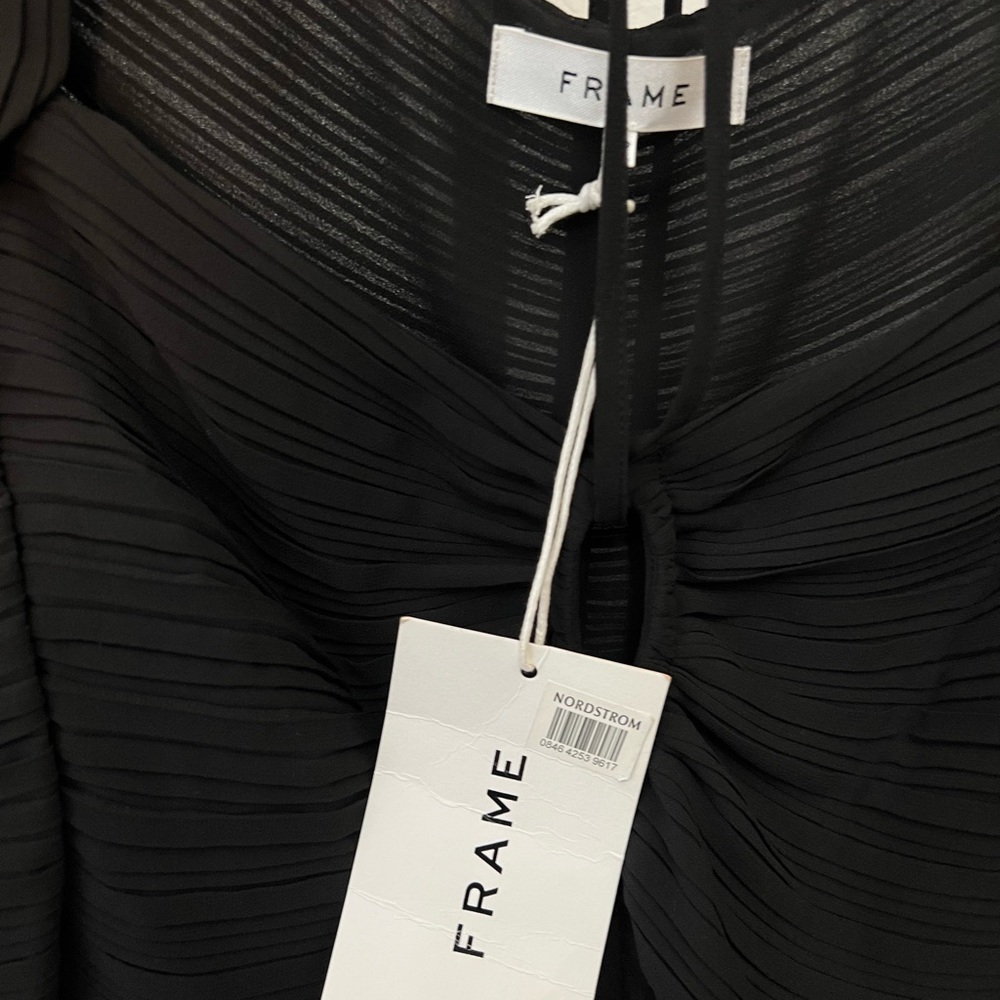 Frame Gathered Ruched Keyhole Tie Neck Puff Long Sleeve Top - Picture 13 of 15